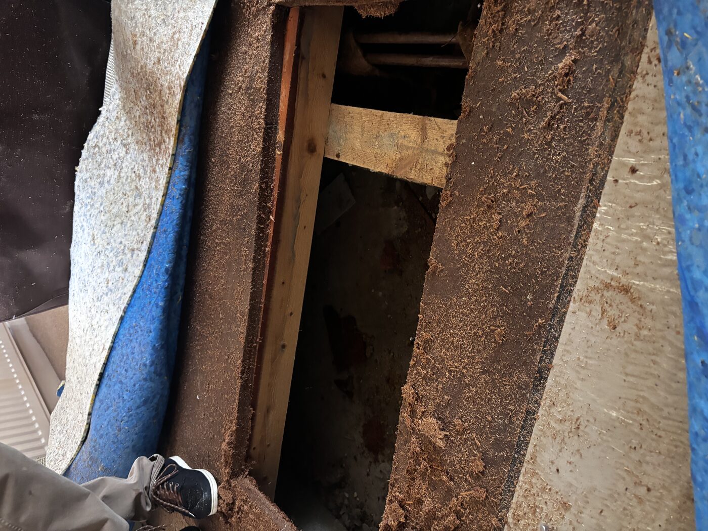 Floorboard lifted, underlay folded back — access gained to the void below
