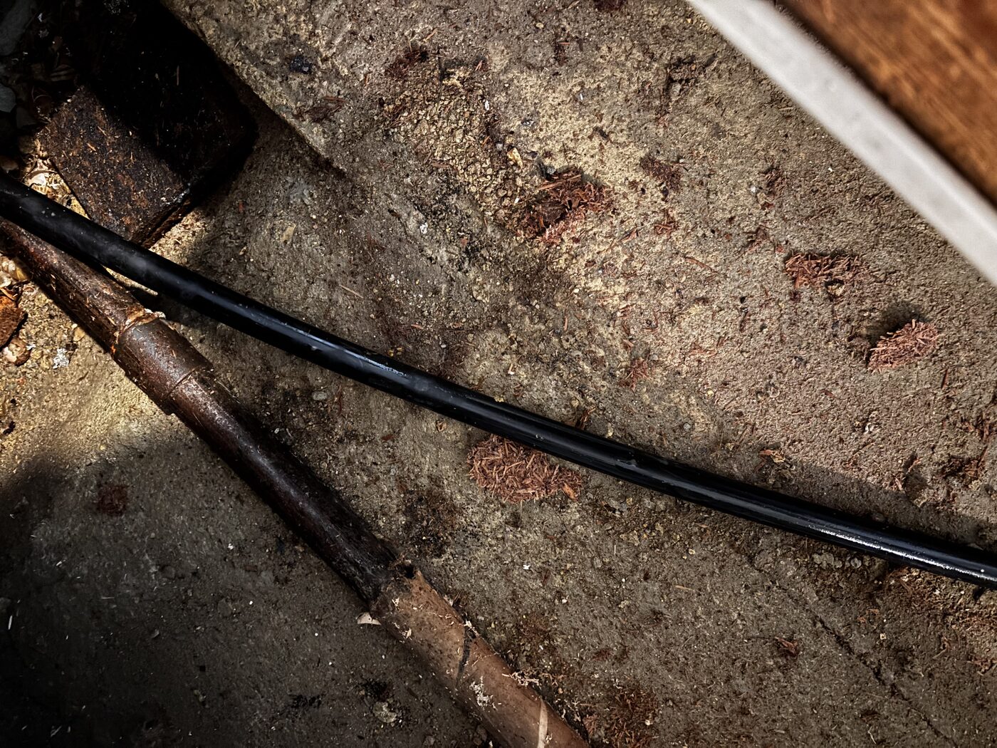 Tracing the pipe run under the floor — black service pipe alongside old copper