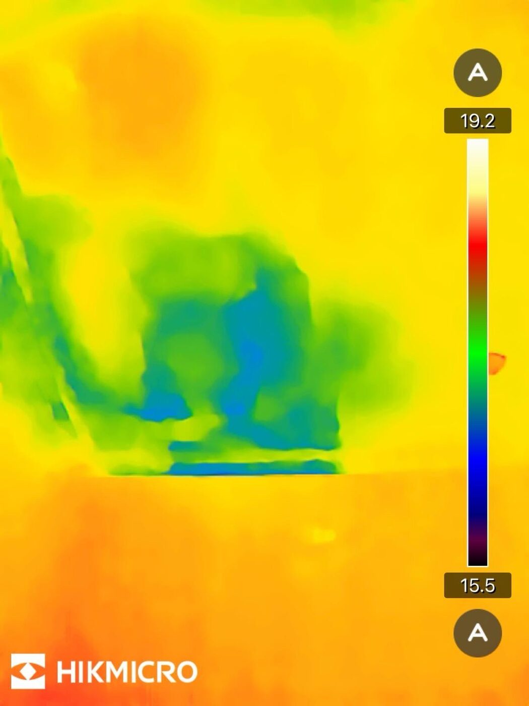 Thermal image: cold blue patches reveal extent of moisture in ceiling void